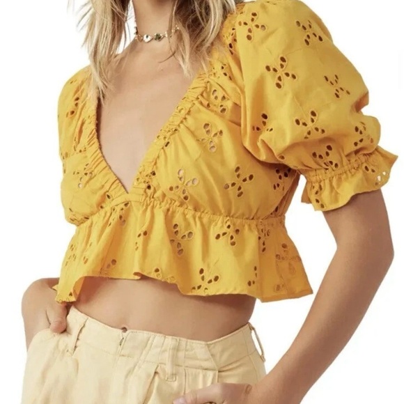Free People Gardenia Eyelet Crop Top Size XS Color Golden Girl Mustard - Picture 1 of 7